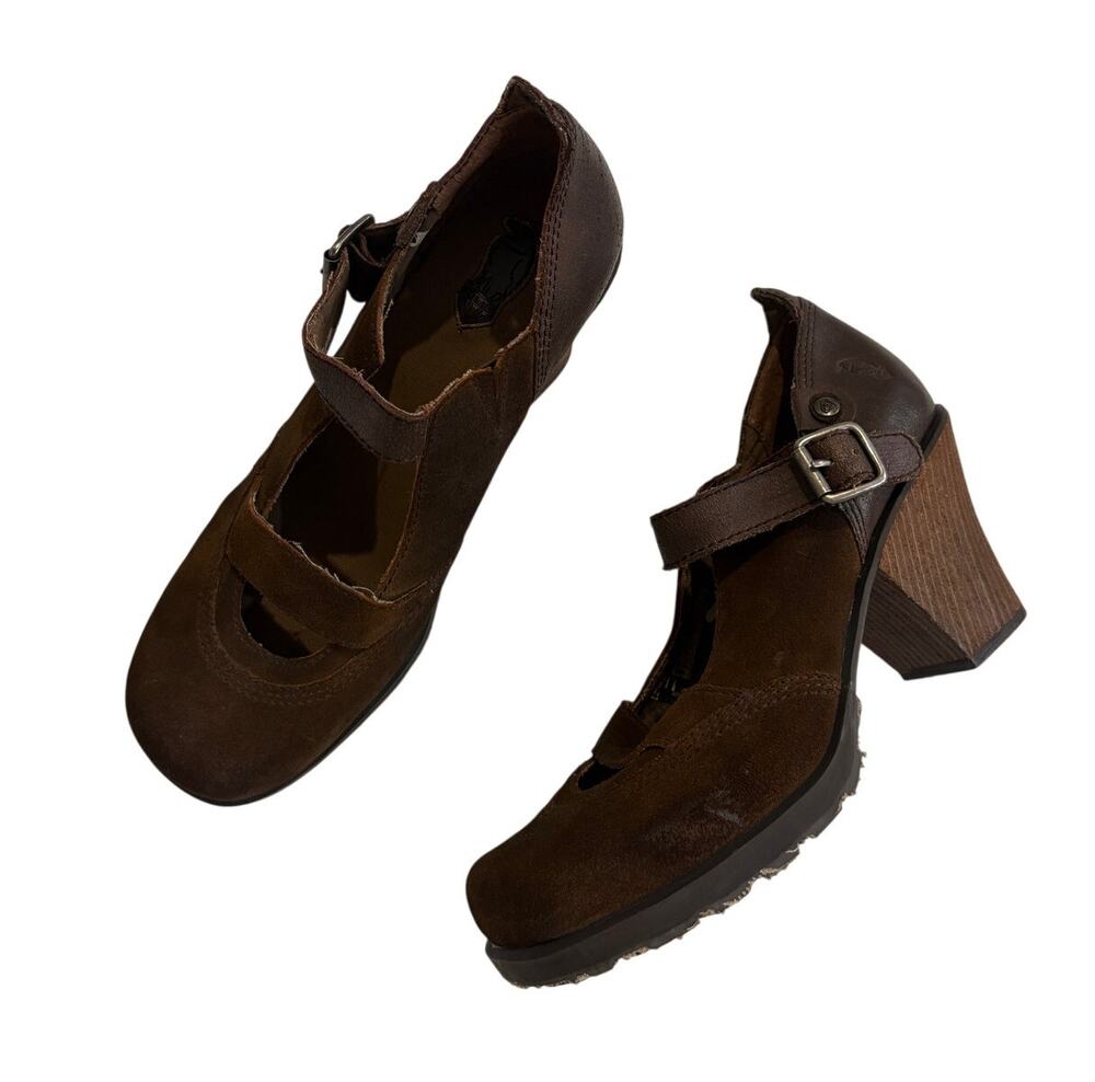 London Underground Mary Jane Platform Heels 11 Brown Suede Block Buckle Y2K 90s